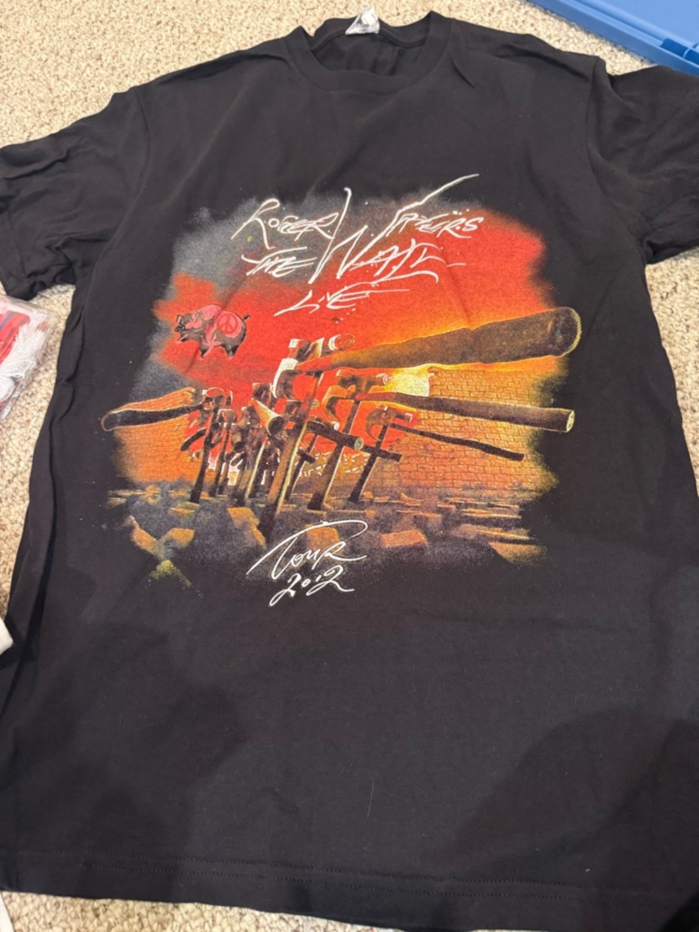 Black Graphic Rock Tour Tee with Orange Red Print Roger waters tour 2012